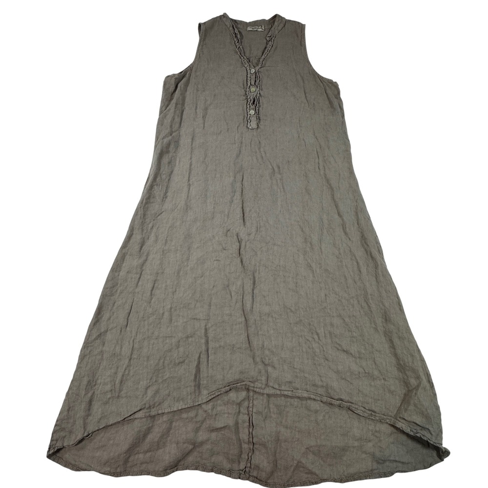 Valentina Naldi Linen Sleeveless High Low Ruffle Dress Gray Made in Italy L Boho